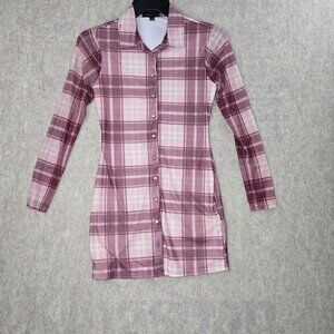 Faded Rose Womens Long Sleeve Plaid Shirt Dress S Polyester & Spandex Blend Pink